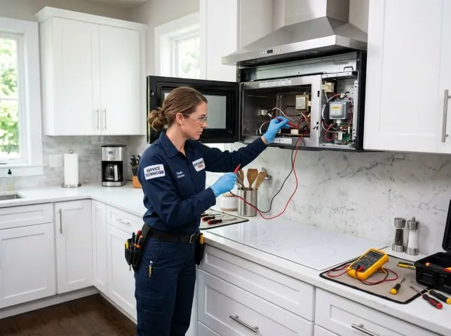 Appliance Repair Hero technician testing an over-the-range microwave in a Bedford, NH kitchen